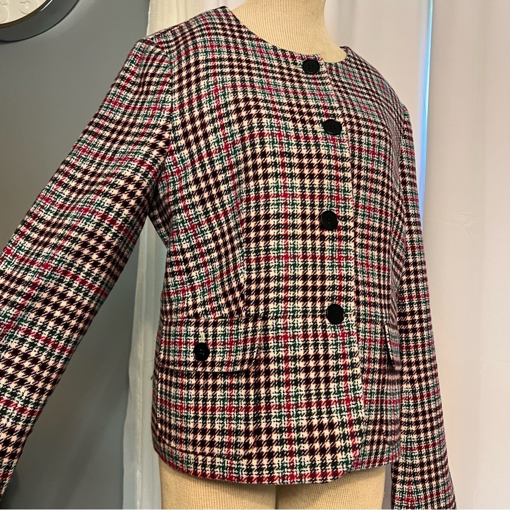 Talbots Blazer Womens 14 Multicolor Houndstooth Collarless Wool Blend Pockets